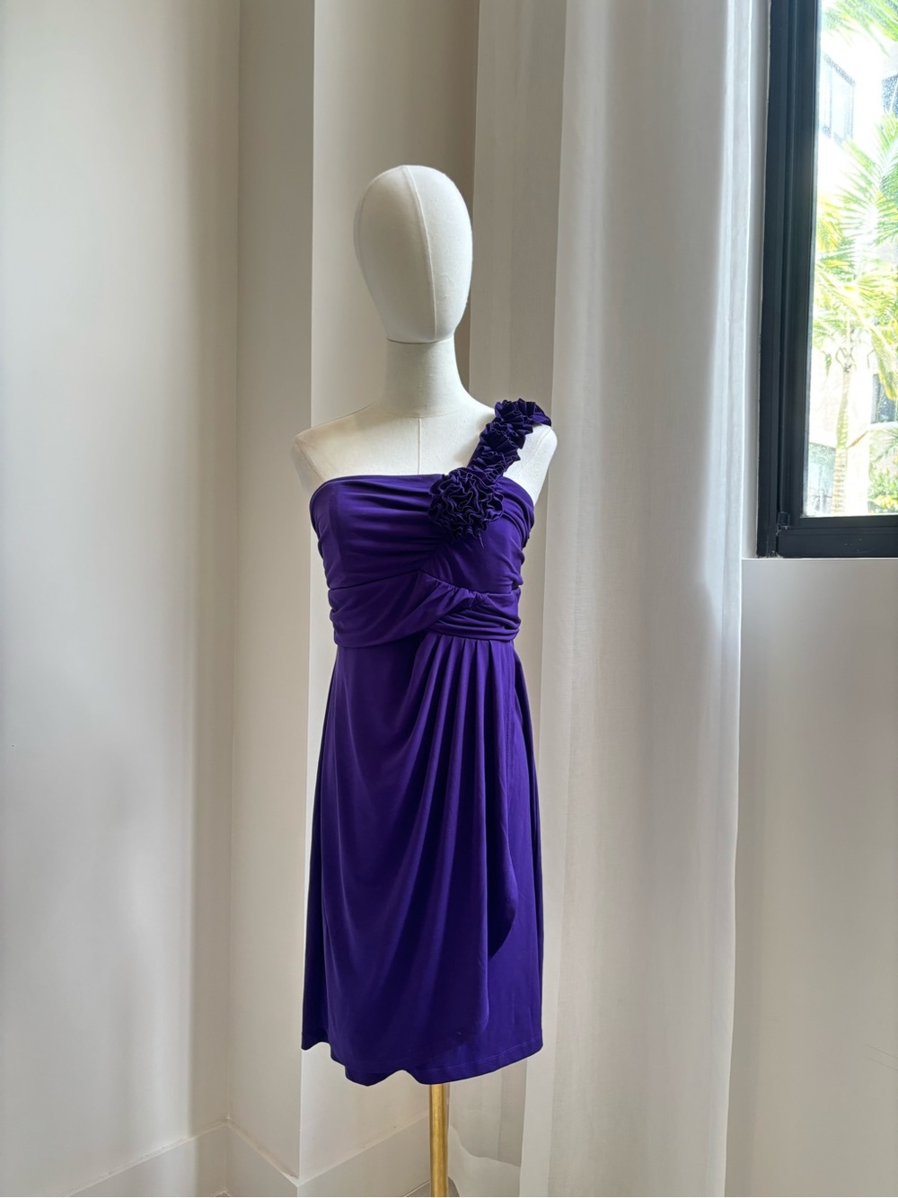 Enfocus Studio One-Shoulder Purple Cocktail Dress with Floral Strap